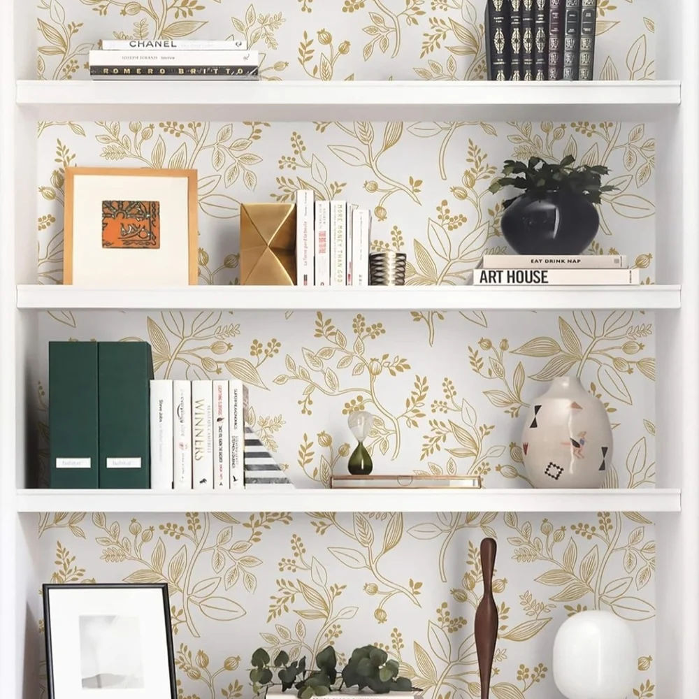 4‎ Rolls Floral Wallpaper Peel and Stick White and Gold Contact Paper Modern